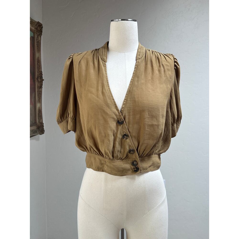 free people cropped blouse draped button front puff sleeve vintage inspired S